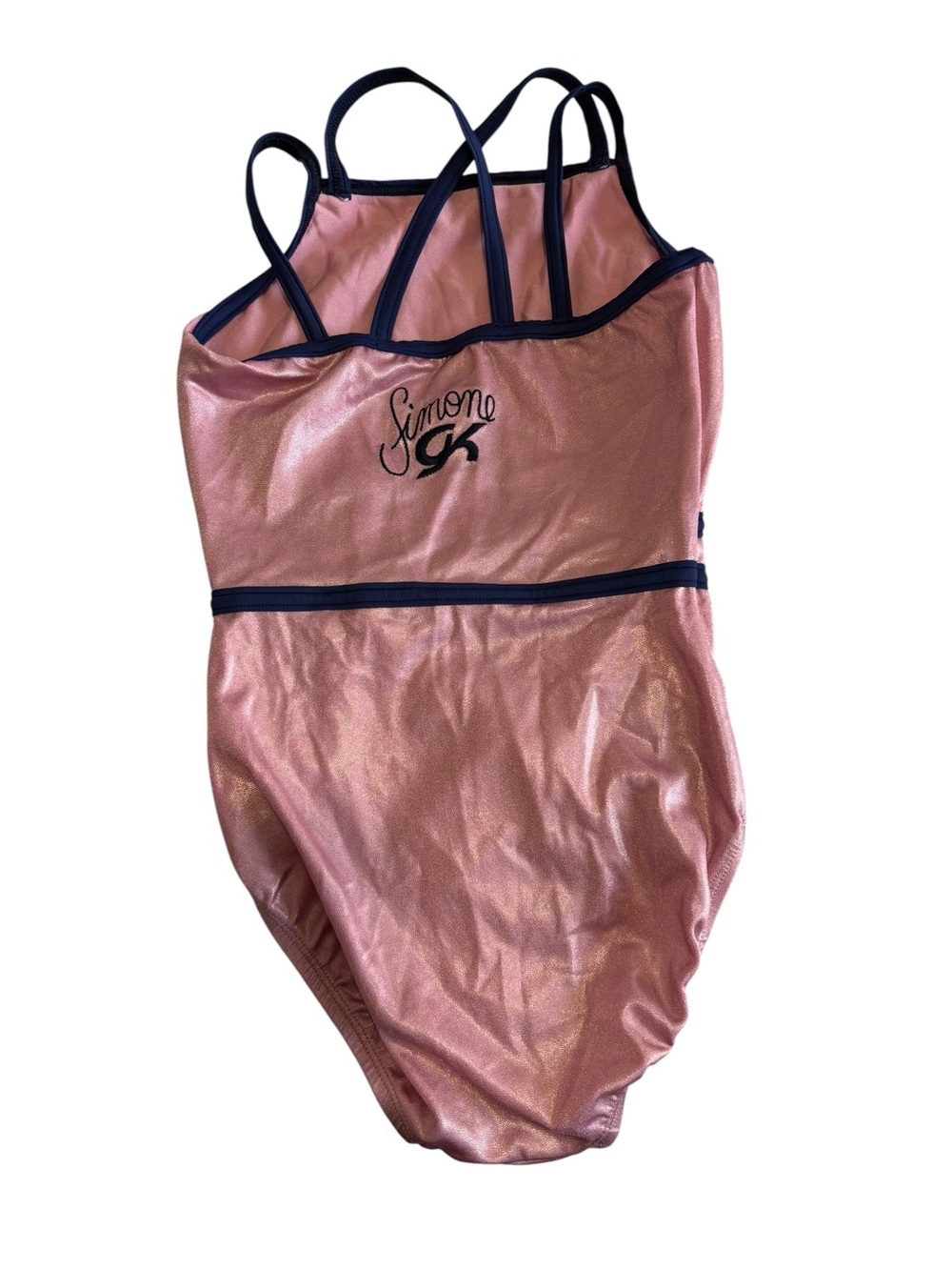GK Elite x Simone Biles collection Pink Leotard with Navy Trim. AXS - Picture 3 of 4